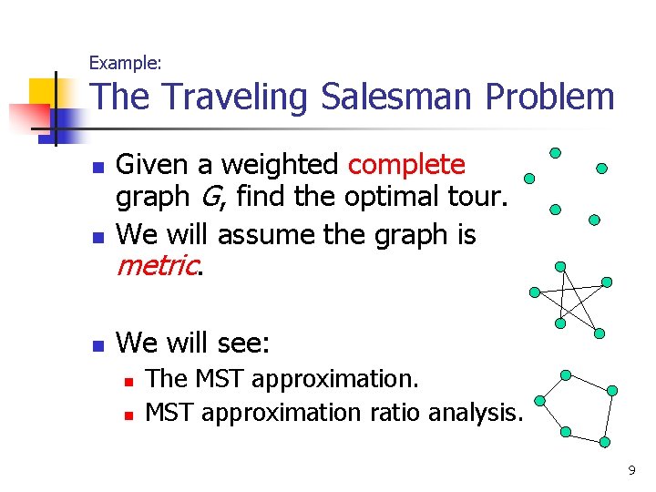 Example: The Traveling Salesman Problem n n n Given a weighted complete graph G,