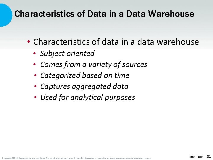 Characteristics of Data in a Data Warehouse • Characteristics of data in a data Characteristics of Data in a Data Warehouse • Characteristics of data in a data