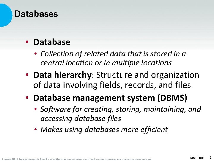 Databases • Database • Collection of related data that is stored in a central Databases • Database • Collection of related data that is stored in a central