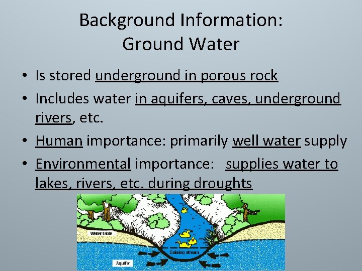 Background Information: Ground Water • Is stored underground in porous rock • Includes water