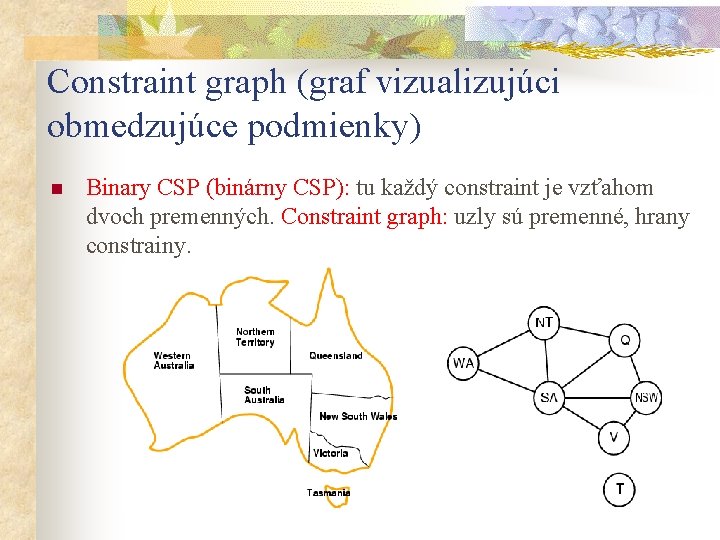 Constraint graph (graf vizualizujúci obmedzujúce podmienky) n Binary CSP (binárny CSP): tu každý constraint