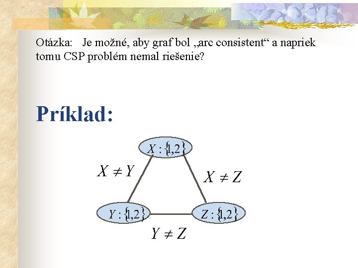 Otázka: Je možné, aby graf bol „arc consistent“ a napriek tomu CSP problém nemal