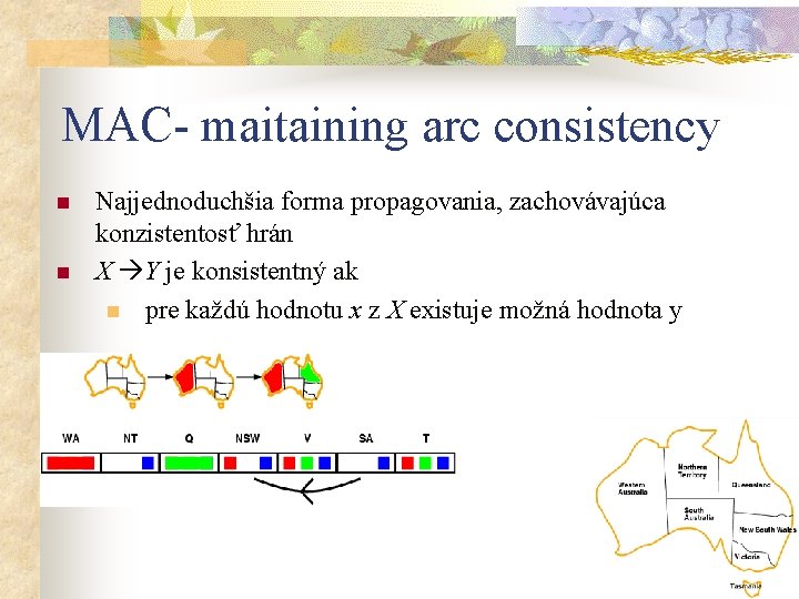 MAC- maitaining arc consistency n n Najjednoduchšia forma propagovania, zachovávajúca konzistentosť hrán X Y