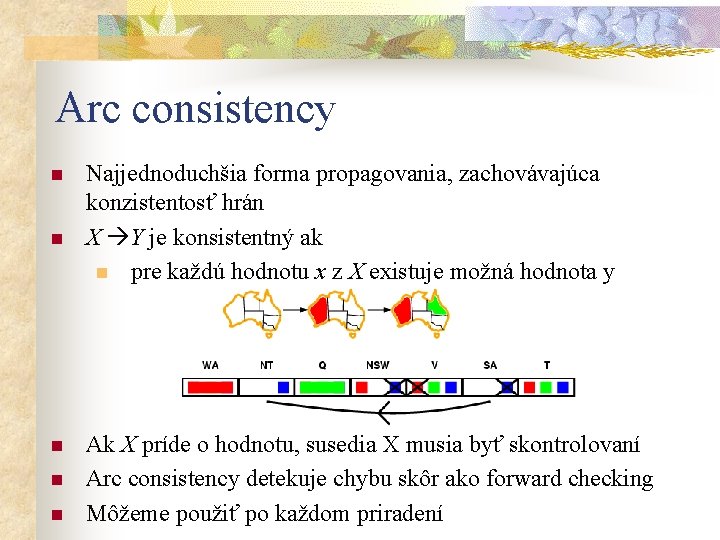 Arc consistency n n n Najjednoduchšia forma propagovania, zachovávajúca konzistentosť hrán X Y je