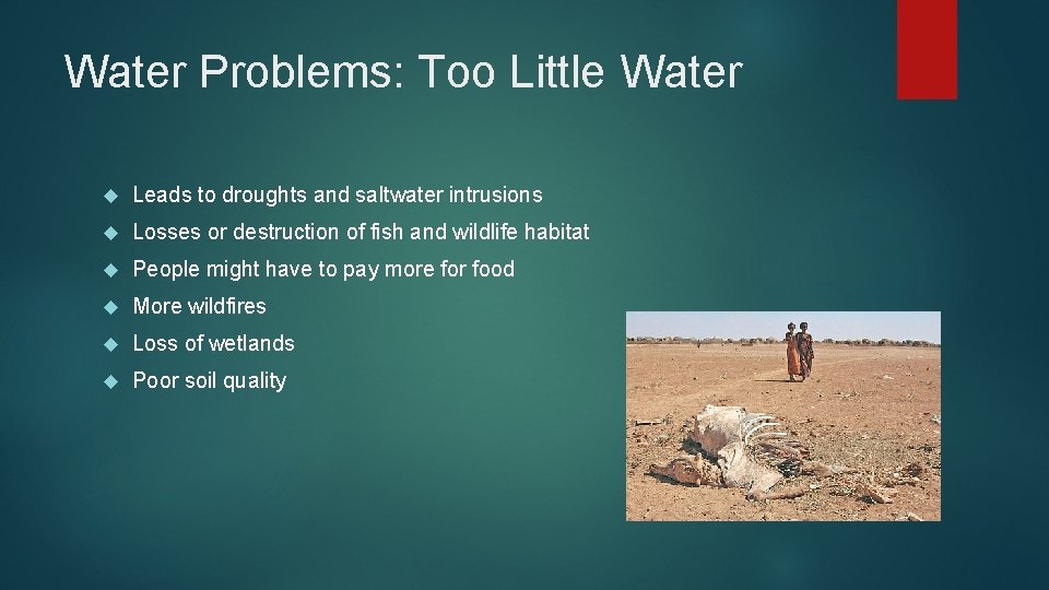 Water Problems: Too Little Water Leads to droughts and saltwater intrusions Losses or destruction
