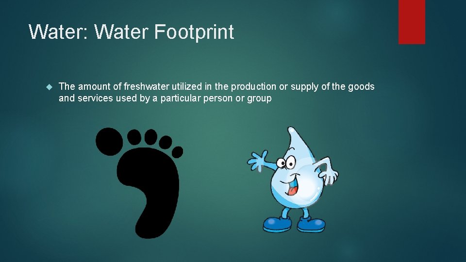 Water: Water Footprint The amount of freshwater utilized in the production or supply of