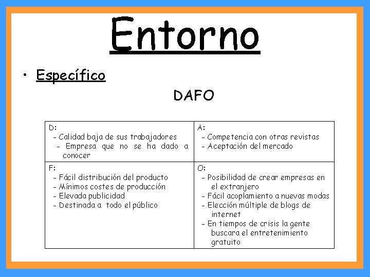 Entorno • Específico DAFO D: - Calidad baja de sus trabajadores - Empresa que