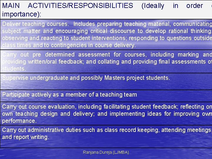 MAIN ACTIVITIES/RESPONSIBILITIES importance): (Ideally in order o Deliver teaching courses. Includes preparing teaching material,