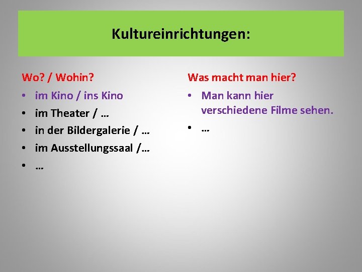 Kultureinrichtungen: Wo? / Wohin? • • • im Kino / ins Kino im Theater