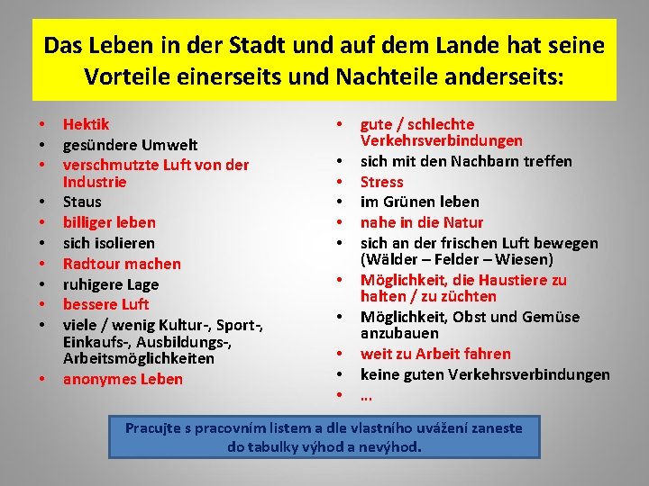 Das Leben in der Stadt und auf dem Lande hat seine Vorteile einerseits und