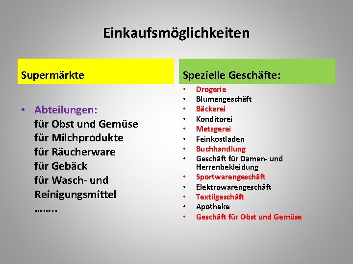 Einkaufsmöglichkeiten Supermärkte • Abteilungen: für Obst und Gemüse für Milchprodukte für Räucherware für Gebäck