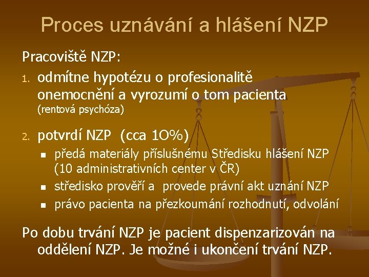 Proces uznávání a hlášení NZP Pracoviště NZP: 1. odmítne hypotézu o profesionalitě onemocnění a
