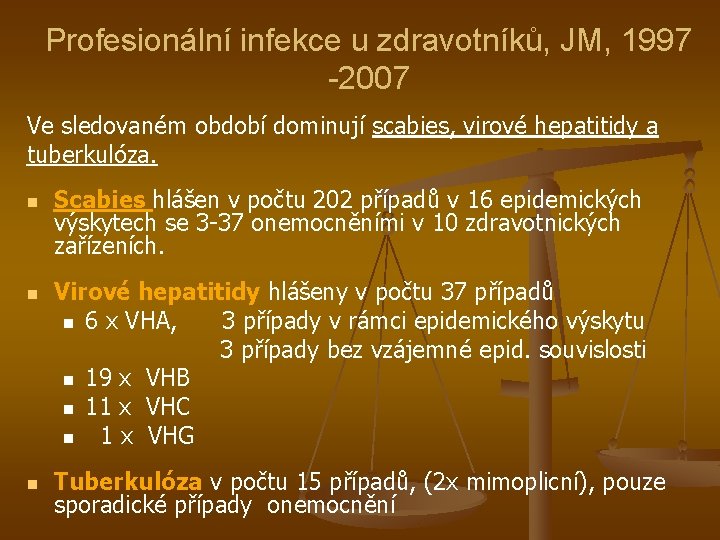 Profesionální infekce u zdravotníků, JM, 1997 -2007 Ve sledovaném období dominují scabies, virové hepatitidy