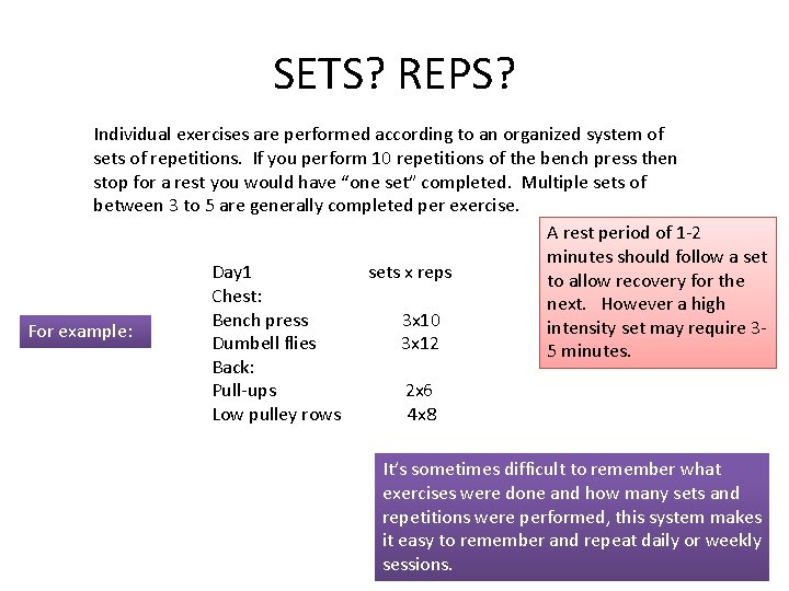 SETS? REPS? Individual exercises are performed according to an organized system of sets of