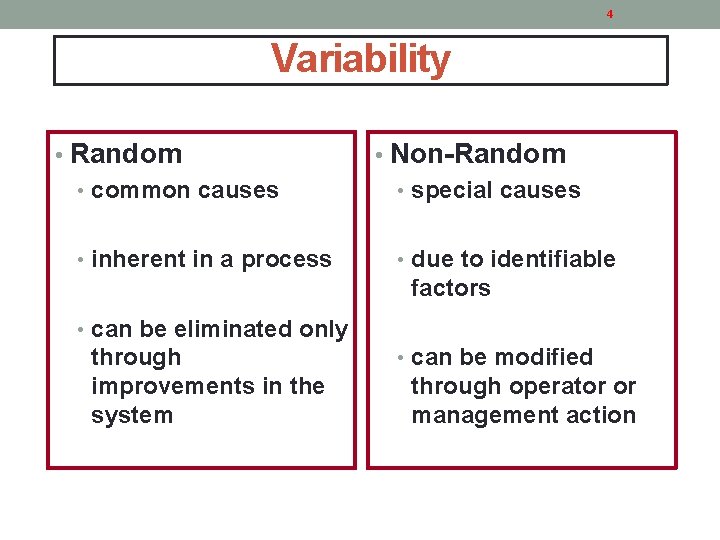 4 Variability • Random • common causes • inherent in a process • Non-Random