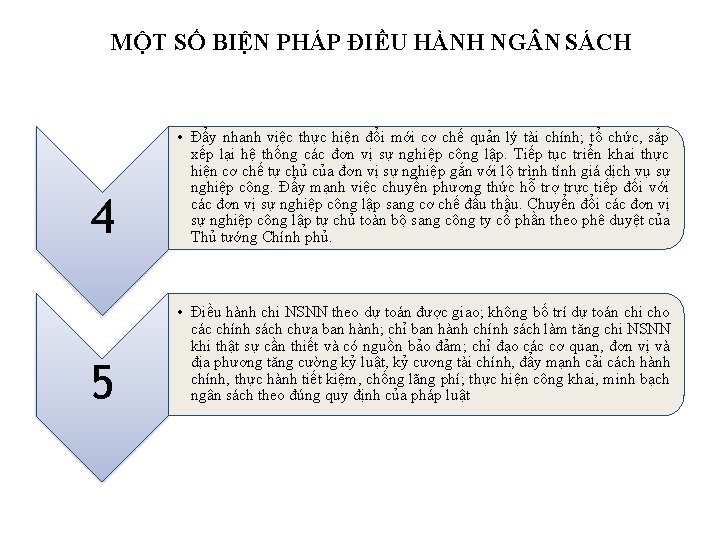 MỘT SỐ BIỆN PHÁP ĐIỀU HÀNH NG N SÁCH 4 • Đẩy nhanh việc