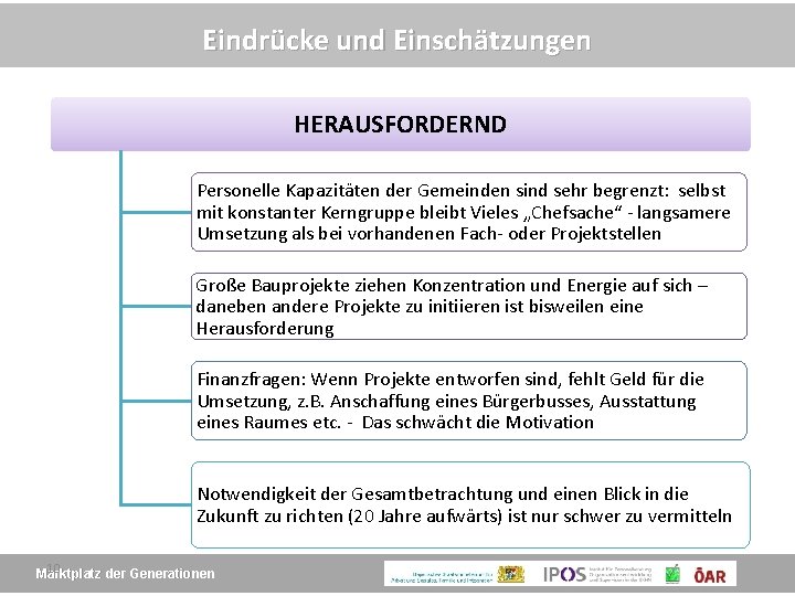 Eindrücke und Einschätzungen HERAUSFORDERND Personelle Kapazitäten der Gemeinden sind sehr begrenzt: selbst mit konstanter