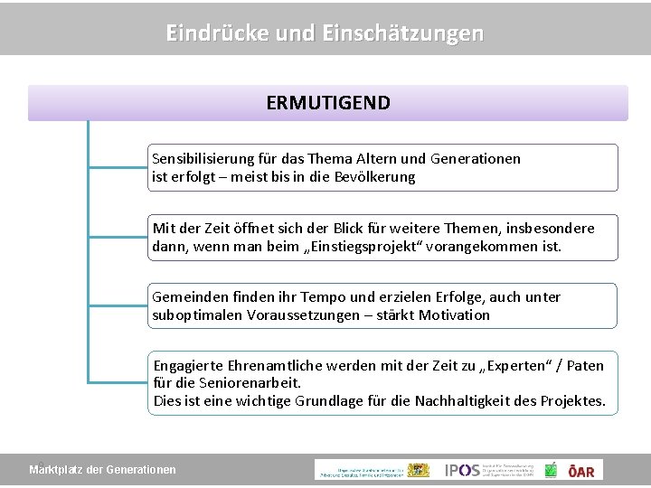 Eindrücke und Einschätzungen ERMUTIGEND Sensibilisierung für das Thema Altern und Generationen ist erfolgt –