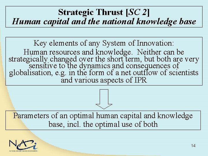 Strategic Thrust [SC 2] Human capital and the national knowledge base Key elements of