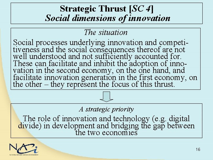 Strategic Thrust [SC 4] Social dimensions of innovation The situation Social processes underlying innovation