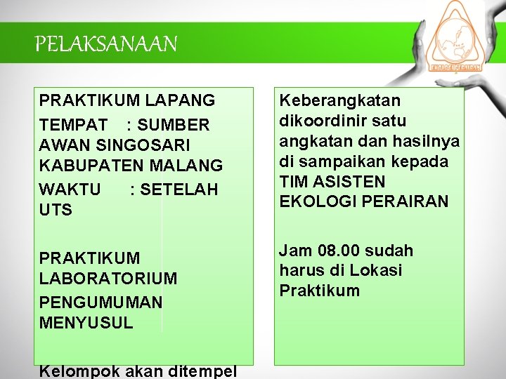 PELAKSANAAN PRAKTIKUM LAPANG TEMPAT : SUMBER AWAN SINGOSARI KABUPATEN MALANG WAKTU : SETELAH UTS