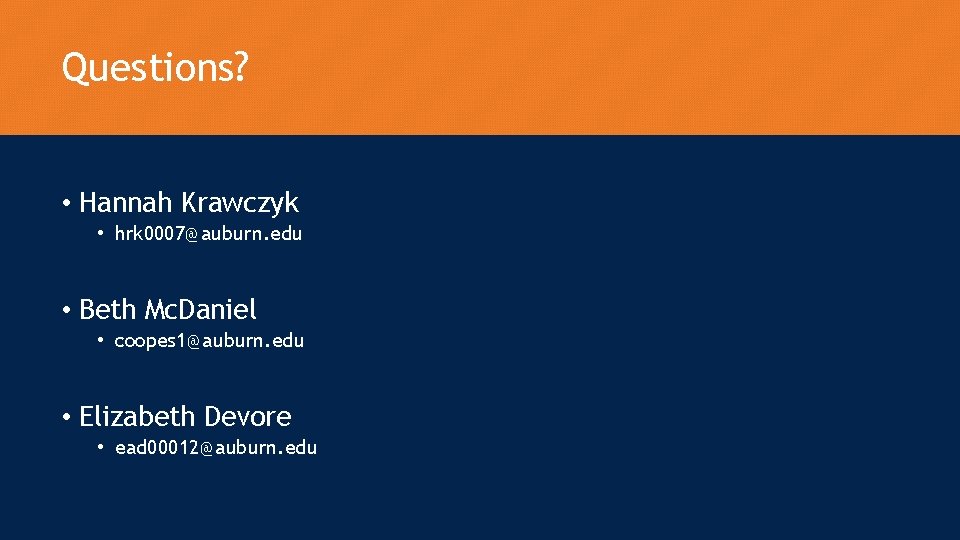 Questions? • Hannah Krawczyk • hrk 0007@auburn. edu • Beth Mc. Daniel • coopes