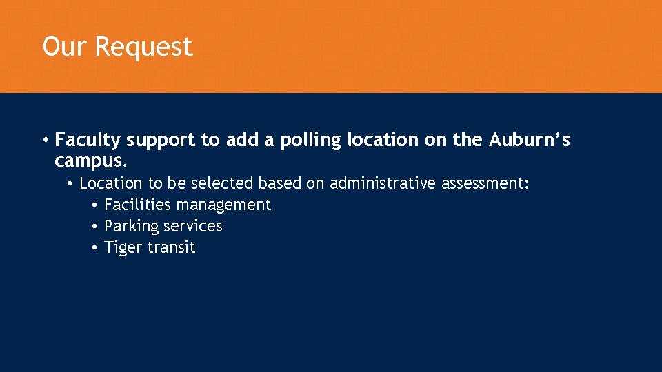 Our Request • Faculty support to add a polling location on the Auburn’s campus.