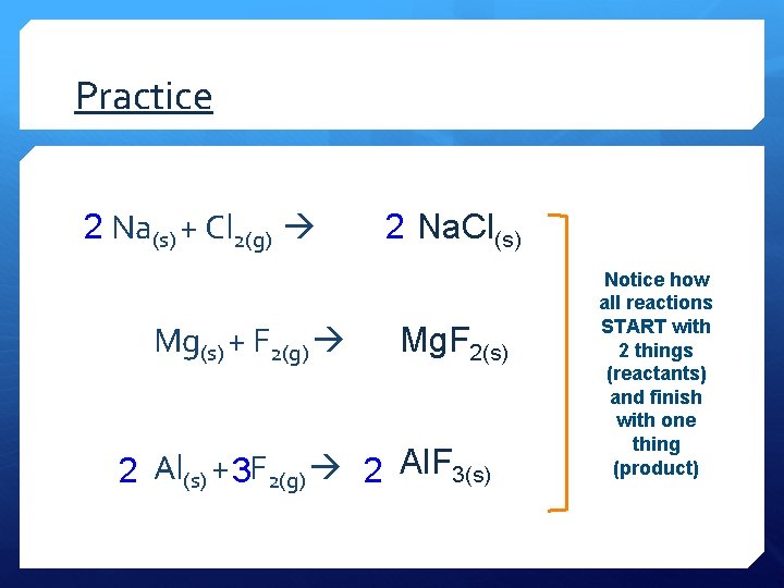 Practice 2 Na(s) + Cl 2(g) Mg(s) + F 2(g) 2 Na. Cl(s) Mg.