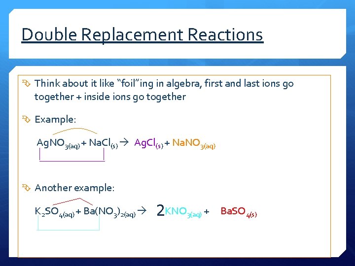 Double Replacement Reactions Think about it like “foil”ing in algebra, first and last ions