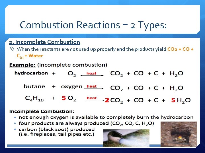 Combustion Reactions – 2 Types: 2. Incomplete Combustion When the reactants are not used