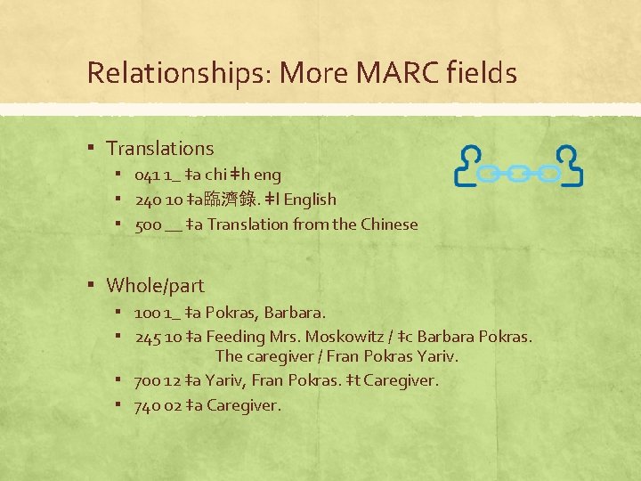 Relationships: More MARC fields ▪ Translations ▪ 041 1_ ‡a chi ǂh eng ▪
