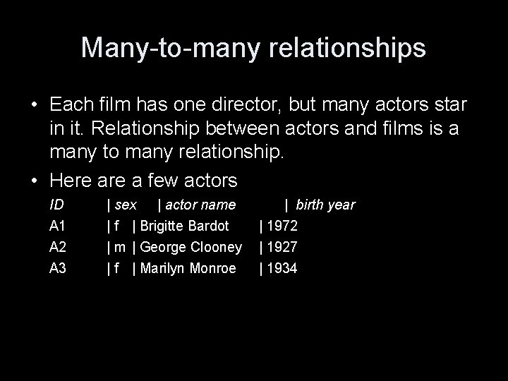 Many-to-many relationships • Each film has one director, but many actors star in it.