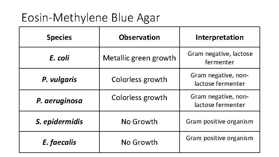 Eosin-Methylene Blue Agar Species Observation Interpretation Metallic green growth Gram negative, lactose fermenter P.