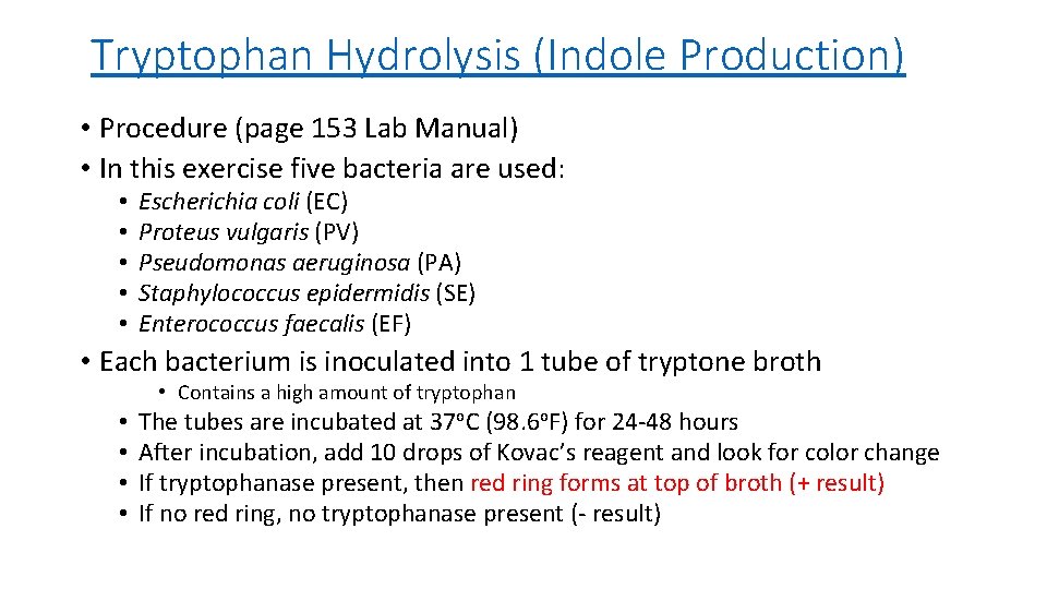Tryptophan Hydrolysis (Indole Production) • Procedure (page 153 Lab Manual) • In this exercise