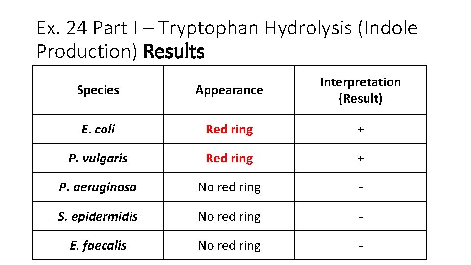Ex. 24 Part I – Tryptophan Hydrolysis (Indole Production) Results Species Appearance Interpretation (Result)