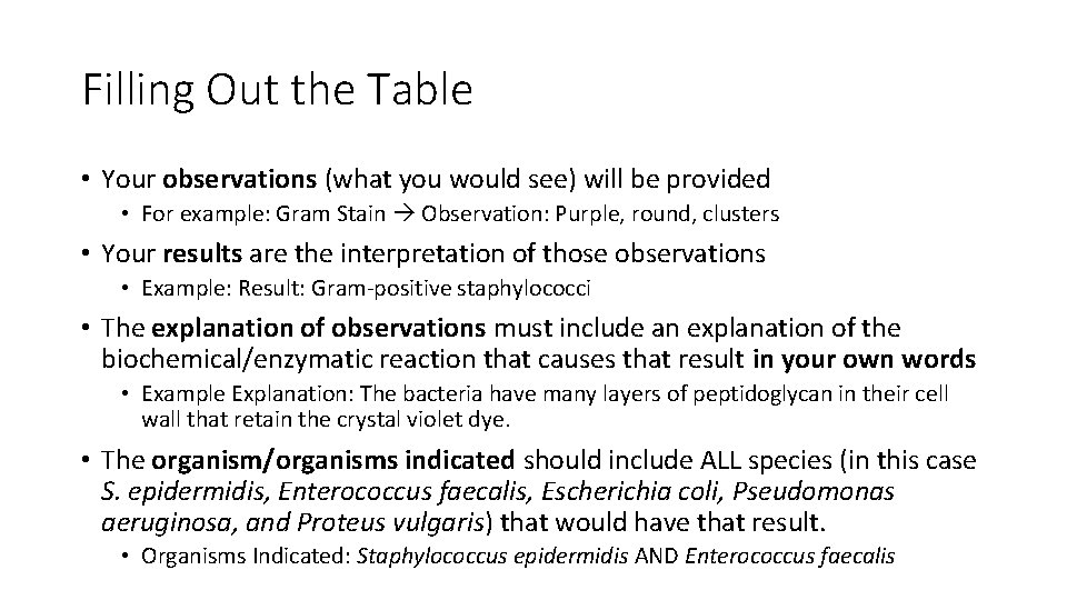 Filling Out the Table • Your observations (what you would see) will be provided