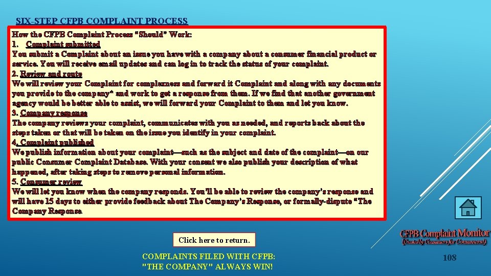 SIX-STEP CFPB COMPLAINT PROCESS How the CFPB Complaint Process “Should” Work: 1. Complaint submitted