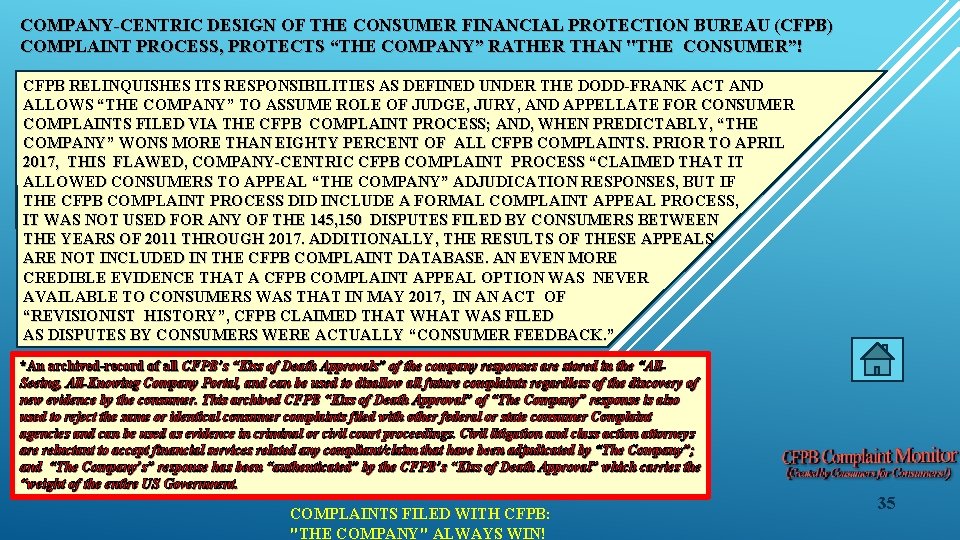 COMPANY-CENTRIC DESIGN OF THE CONSUMER FINANCIAL PROTECTION BUREAU (CFPB) COMPLAINT PROCESS, PROTECTS “THE COMPANY”