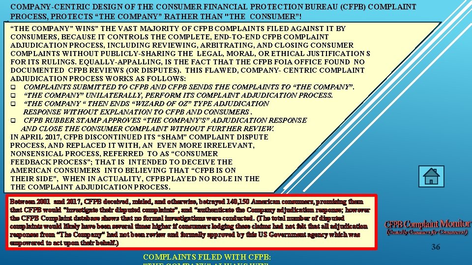 COMPANY-CENTRIC DESIGN OF THE CONSUMER FINANCIAL PROTECTION BUREAU (CFPB) COMPLAINT PROCESS, PROTECTS “THE COMPANY”