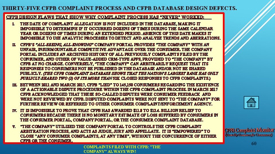 THIRTY-FIVE CFPB COMPLAINT PROCESS AND CFPB DATABASE DESIGN DEFECTS. CFPB DESIGN FLAWS THAT SHOW