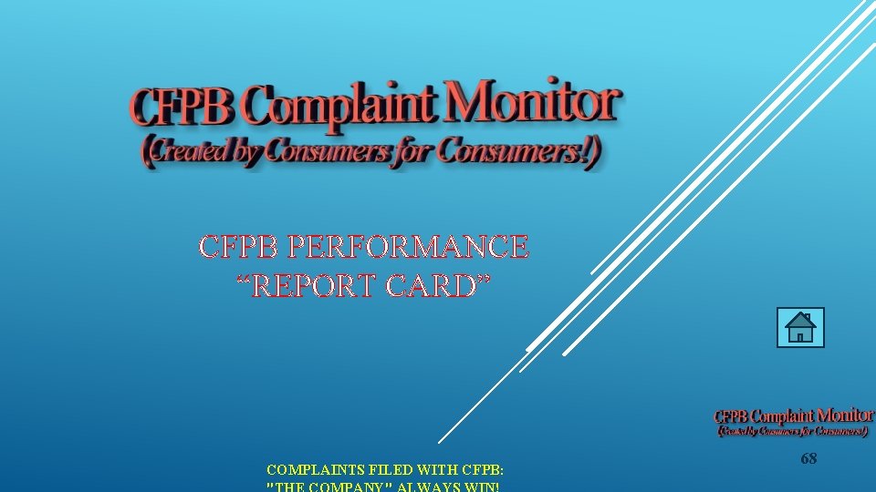 CFPB PERFORMANCE “REPORT CARD” COMPLAINTS FILED WITH CFPB: 68 