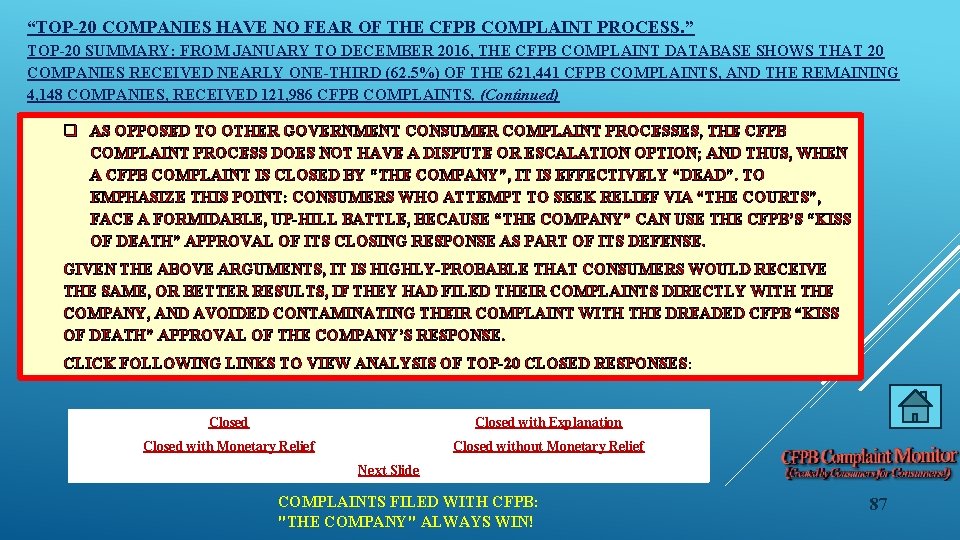 “TOP-20 COMPANIES HAVE NO FEAR OF THE CFPB COMPLAINT PROCESS. ” TOP-20 SUMMARY: FROM