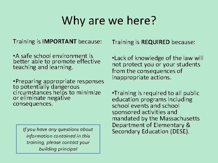 Why are we here? Training is IMPORTANT because: Training is REQUIRED because: • A