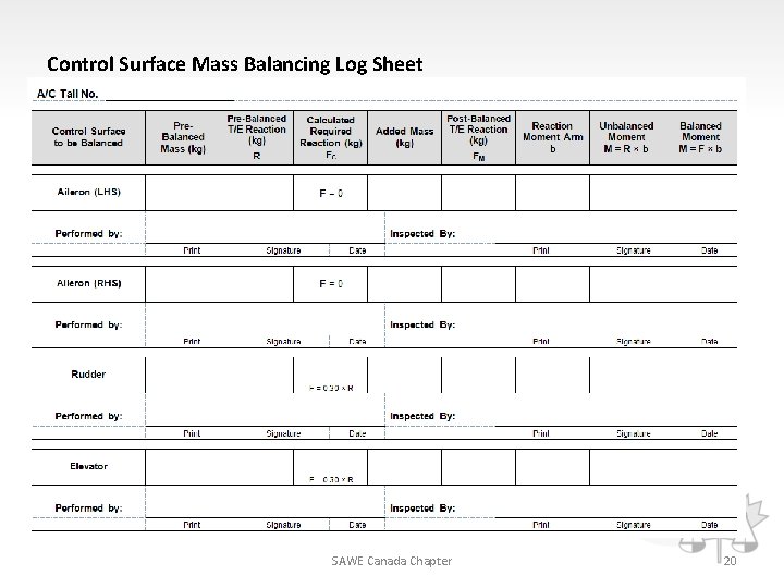 Control Surface Mass Balancing Log Sheet SAWE Canada Chapter 20 