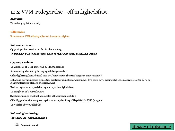 12. 2 VVM-redegørelse - offentlighedsfase Ansvarlig: Planudvalg og teknikudvalg Udførende: Kommunens VVM-afdeling eller evt.