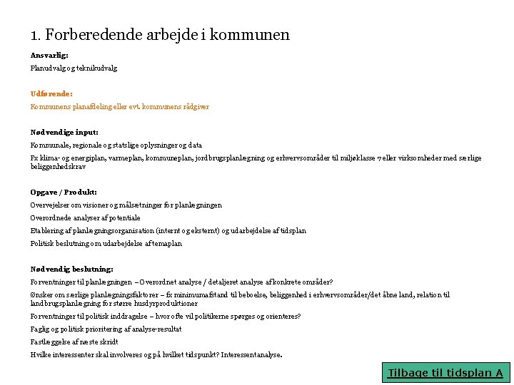 1. Forberedende arbejde i kommunen Ansvarlig: Planudvalg og teknikudvalg Udførende: Kommunens planafdeling eller evt.