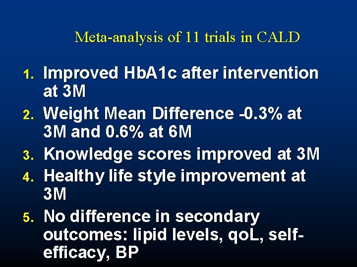 Meta-analysis of 11 trials in CALD 1. 2. 3. 4. 5. Improved Hb. A