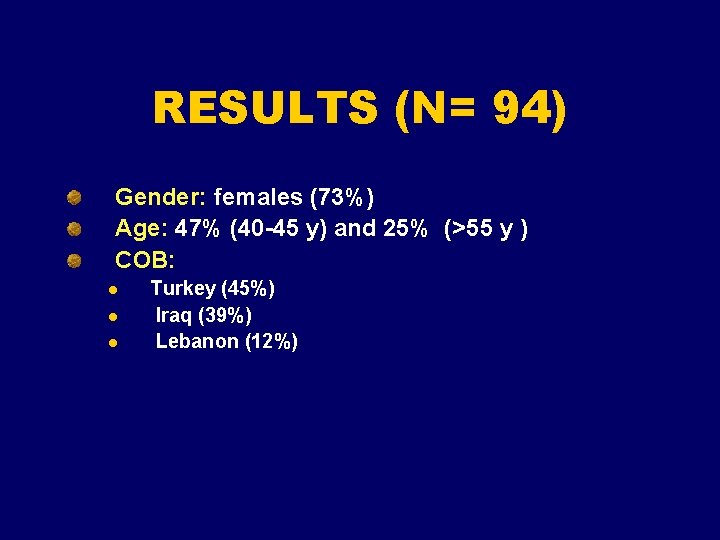 RESULTS (N= 94) Gender: females (73%) Age: 47% (40 -45 y) and 25% (>55