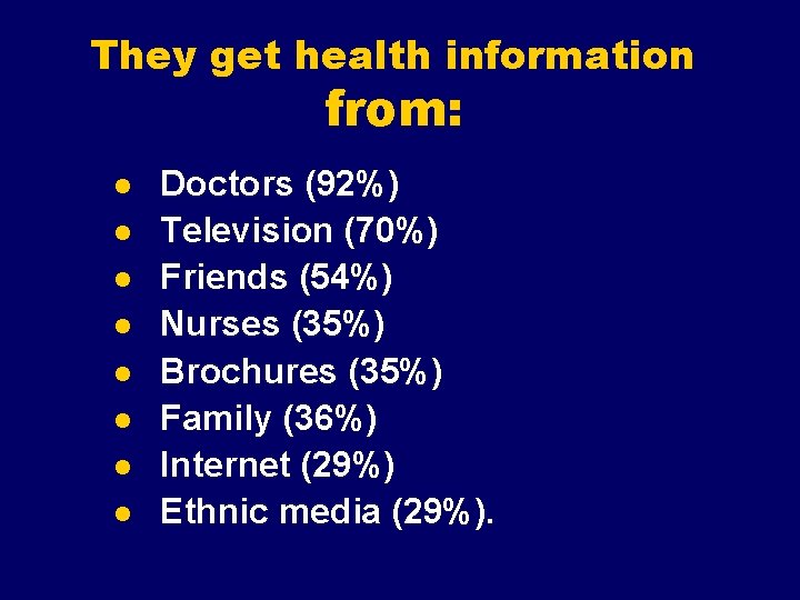 They get health information from: l l l l Doctors (92%) Television (70%) Friends