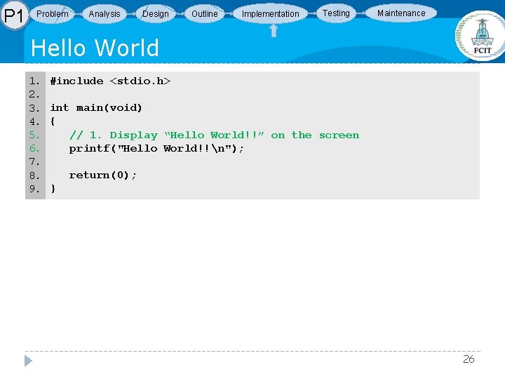 P 1 Problem Analysis Design Outline Implementation Testing Maintenance Hello World 1. 2. 3. P 1 Problem Analysis Design Outline Implementation Testing Maintenance Hello World 1. 2. 3.